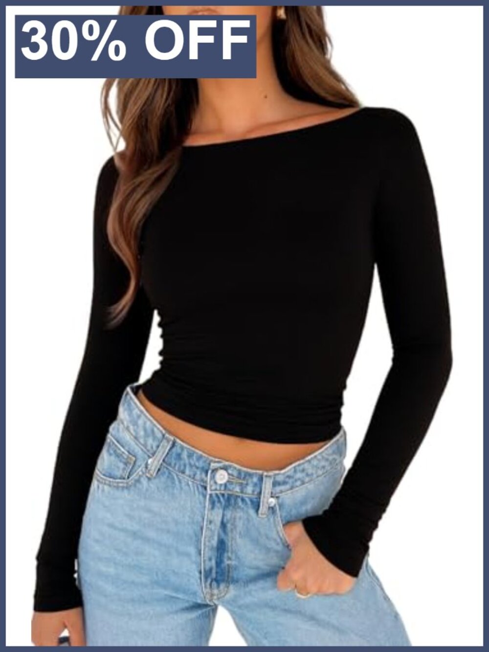 Long Sleeve Crop Top Boat Neck Double Lined Slim Fit Basic Tee